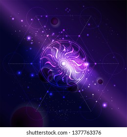 Vector illustration of Sacred symbol Sun against the space background with galaxy and stars. Abstract geometric sign drawn in lines. Multicolored.  