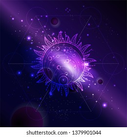 Vector illustration of Sacred symbol Sun against the space background with galaxy and stars. Abstract geometric sign drawn in lines. Multicolored.  