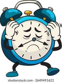 Vector illustration of a sad alarm clock character with expressive face, vibrant colors, and playful design