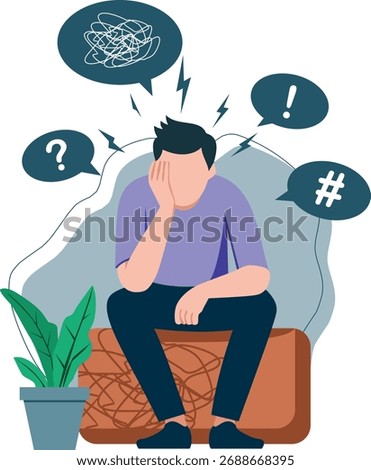 Vector illustration of a sad and anxious man sitting with head in hand, symbolizing stress, depression, burnout, and mental health problems in modern daily life.