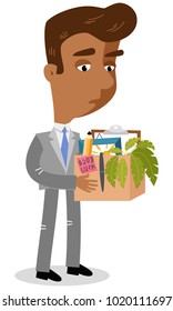 Vector illustration of a sad asian cartoon businessman who lost his job carrying box with office supplies.