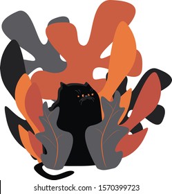 Vector illustration of sad black cat hiding in the bushes with abstract tropical leaves background. Contrast composition with a cat in the center.