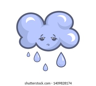 Vector illustration of the sad blue cloud with rain drops 