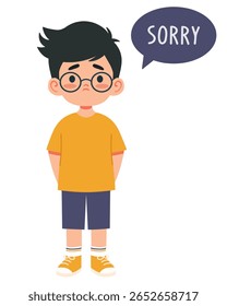 Vector illustration of a sad boy and speech bubble SORRY isolated on white background