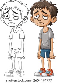 A vector illustration of a sad boy wearing tattered clothes, showcasing both colored and outline versions. Simple, expressive character design