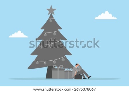Vector illustration of a sad businessman sitting under a dull decorated christmas tree with gifts, feeling lonely, unhappy, stressed, and disappointed during holidays