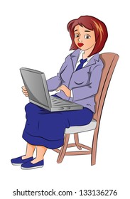 Vector illustration of a sad businesswoman using laptop on chair.