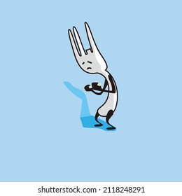 vector illustration of a sad cartoon fork in white on a blue background, perfect for a sticker, mascot