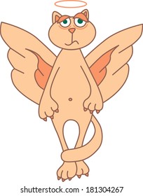 vector illustration of sad cat-angel. cartoon angel as a sad cat.Sad cat with angel wings and halo.