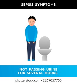 Vector illustration of a sad character standing near the toilet. A person cannot go to the toilet for a long time. Problems with urination. Symptoms of sepsis. Illustration for medical articles. 