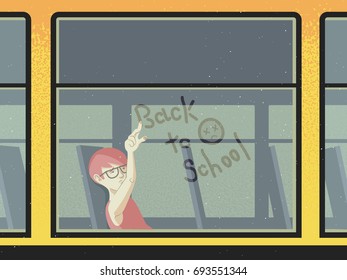 Vector illustration of a sad child in a school bus with an inscription on the glass back to school