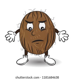 Vector Illustration of Sad Coconut. Cartoon Tropical Personage. Drawing for Stickers Pack, Emoji, Chat and etc 