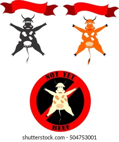 Vector illustration of sad cow in black and reddish color with stop-banner.