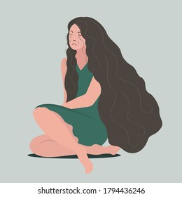 Vector illustration of a sad crying young woman with long hair. Depression and melancholy concept. Flat illustration