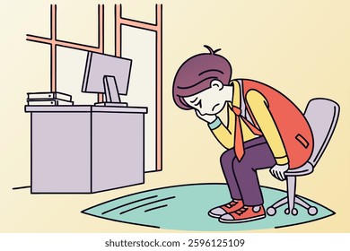 Vector illustration of a sad, depressed office worker character. Ideal for mental health, workplace stress, and burnout concepts. Flat cartoon style for relatable, impactful visuals.