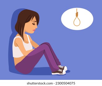 Vector illustration of sad depressed thinking of using hanging rope noose. Suicide concept drawing