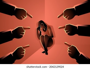 Vector illustration of sad or depressed woman sitting cornered surrounded by pointing hands. Concept of public censure and social judgement