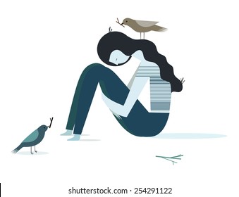 Vector Illustration Of Sad And Depression Girl Sitting On The Floor.