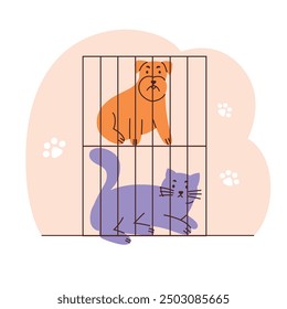 Vector illustration of a sad dog and cat in cages at an animal shelter. Flat cartoon style, icons for animal rescue, pets need adoption, veterinary clinic. Adorable puppy, kitten for humane projects