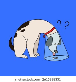 Vector illustration of a sad dog wearing a medical cone collar, looking at a bone. for veterinary clinic advertisements, pet recovery materials, or animal welfare campaigns.