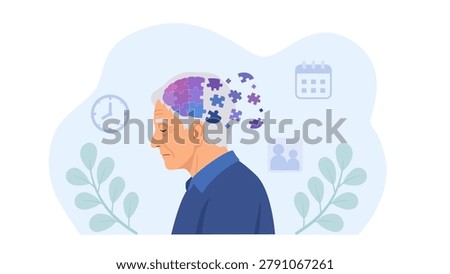 Vector illustration of a sad elderly man with fading puzzle brain, Alzheimer's disease, dementia and memory loss medical concept.