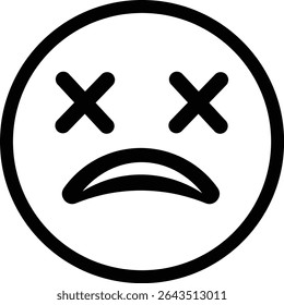 Vector illustration of a sad face emoticon with X eyes, isolated on white background. Simple and minimal design, suitable for various applications.