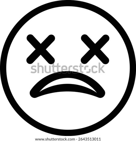 Vector illustration of a sad face emoticon with X eyes, isolated on white background. Simple and minimal design, suitable for various applications.