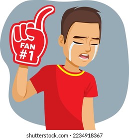 Vector illustration of sad face expression male fan rooter with foam hand wearing Spanish favorite team shirt and soccer ball