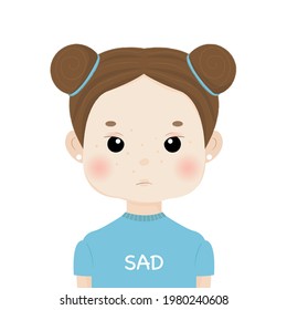 Vector illustration of sad girl. Cute cartoon young woman with two buns and sorrow face.