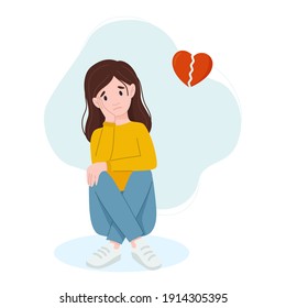 Vector illustration of a sad girl sitting on the floor. Broken heart.
