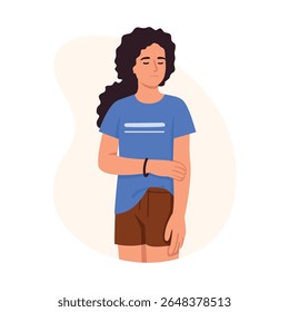 Vector illustration of a sad girl.Cartoon scene of an upset girl with downcast eyes, corners of lips standing, curly hair, blue t-shirt, brown shorts,bracelet on her hand isolated on white background.