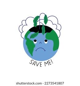 Ilustración vectorial con un triste globo y una flor descolorida. Protección del medio ambiente.  ¡Sálvame!