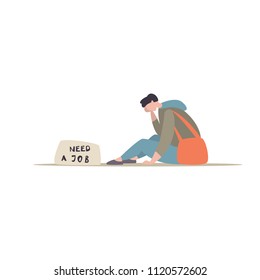Vector illustration of sad joblees man sitting on the floor with a sign about finding work . Concept of unemployment