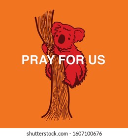 vector illustration of a sad koala bear, in hot colour theme, represent wild fire in Australia.