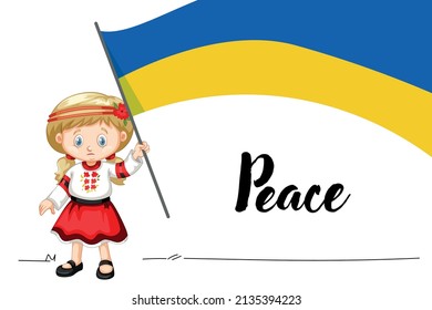 vector illustration. sad little Ukrainian girl holding the flag of ukraine in her hands. peace