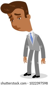 Vector illustration of a sad looking asian cartoon businessman letting his head hang isolated on white background