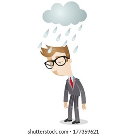 Vector illustration of a sad looking cartoon businessman standing in the rain under a cloud.