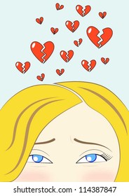 vector illustration of sad looking eyes of a young, blonde girl, with broken hearts above her head