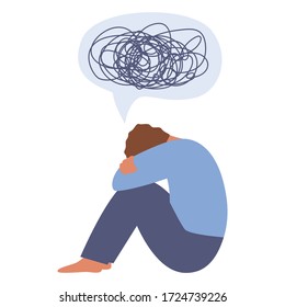 Vector illustration of a sad male character and a wad of confused thoughts. A flat drawing of a man sitting on the floor and hugging his knees. The person in need of psychological help.