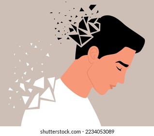 Vector illustration of a sad man broken into many fragments which showing the mental health problems. Concept of depression, anxiety, fatigue, borderline personality disorder, mental illness