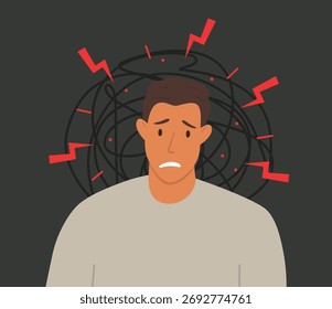 Vektorgrafik eines traurigen Mannes auf dunklem Hintergrund mit chaotischen Linien und rotem Blitz um den Kopf. Symbol für chronischen Stress, geistige Erschöpfung, Burnout und emotionalen Druck.