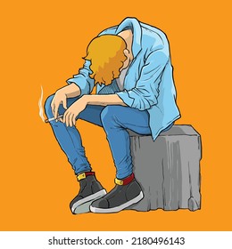 ilustración vectorial de un hombre triste que fuma