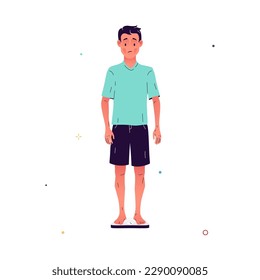 Vector illustration of a sad man standing on the scales and suffering from unexplained weight loss. Character with low body weight. Weight loss is a symptom of diabetes, depression, IBS, cancer. 