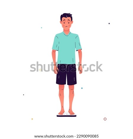 Vector illustration of a sad man standing on the scales and suffering from unexplained weight loss. Character with low body weight. Weight loss is a symptom of diabetes, depression, IBS, cancer. 