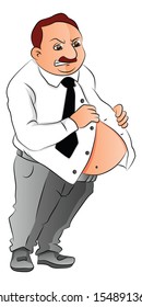 Imagen vectorial de un hombre triste que no puede abrochar su camisa en su gordo vientre.