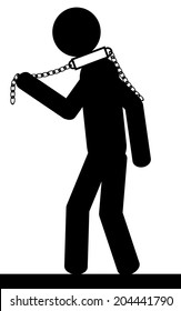 Vector , illustration. A sad man walks with chains on his neck. 
