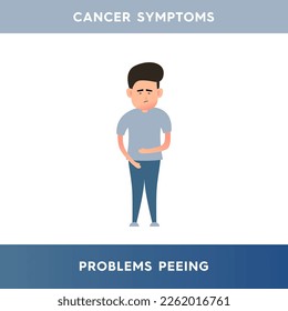 Vector illustration of a sad man who has problems with urination. Painful or difficult urination. Symptoms of cancer, prostatitis. Illustration for medical articles, posters and stands.