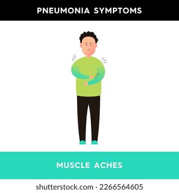 Vector illustration of a sad man who has sore muscles in different parts of his body due to pneumonia. The person experiences unusual muscle pains in the body. Pneumonia symptoms. 