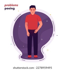 Vektorgrafik eines traurigen Mannes, der Probleme beim Pinkeln hat. Schmerzhaftes oder schweres Harnlassen. Symptome einer Prostatitis. Illustration für medizinische Artikel, Poster und Stände.