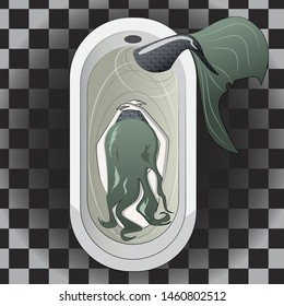 Vector illustration of a sad mermaid in the bath.  Black and white tiled floor